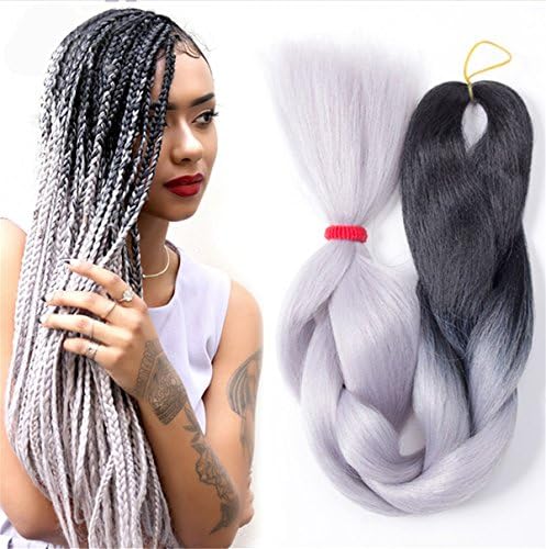 FYX Hair Two Tone Ombre Kanekalon African Braiding Hair 60cm 1Pc 100g Synthetic Braid Hair Extension(1B Grey Color)