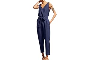 WOXIHUAN Tute da Donna Pagliaccetti Larghi in Lino Tuta in Cotone Pantaloni Larghi Jumpsuit Donna Estivo Tuta Tutina Elegante Tuta Vita Alta Tuta Scollo V Monopezzi Tutine Elegante Tuta Donna Casual