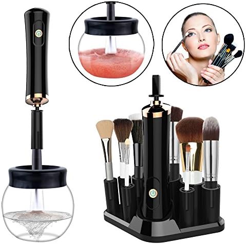 Make Up Brush Cleaner Kit Professional Electric Spinner Makeup Brushes Cleaner and Dryer Machine 360 Degree Rotation with 8 Rubber Holders for Travel Deep Makeup Brush Cleaner (Black)