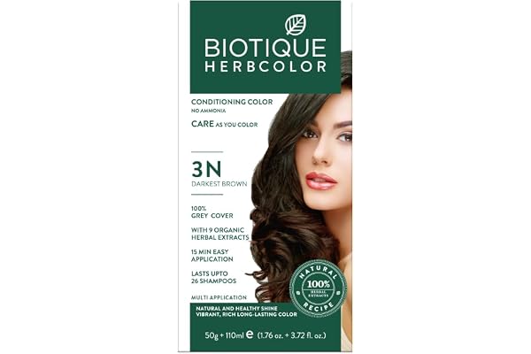 Biotique Herbcolor Conditioning Hair Colour l Ammonia Free Hair Color l 9 Organic Herbal Extracts l Natural and Healthy Shine l 50g + 110ml Darkest Brown 3N (Pack of 1)