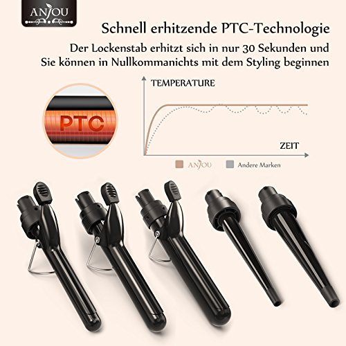Lockenstab, Anjou 5 in 1 Multifunktion Austauschbare Lockenwickler Kit (9mm – 32mm), schnell erhitzender Friseurlockenstab Schwarz (Perfekte Geschenkidee zum Muttertag) - 5
