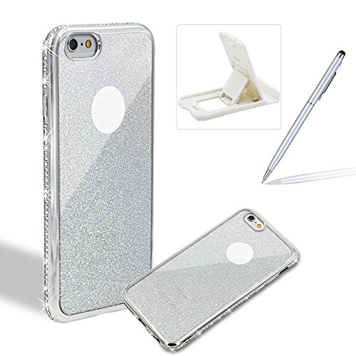 Coque iPhone 6S Plus, Etui Paillette Gliter pour iPhone 6 Plus, Herzzer Luxe Bling Diamant de Cadre Coque Soft Doux TPU Silicone + Glitter Stickers Case Cover Conception Ultra Slim Ultra Mince Housse Etui Shock-Absorption Bumper et Anti-Scratch Effacer Back Housse de Protection Hull pour Apple iPhone 6 Plus / iPhone 6S Plus (5.5 pouces) + 1 x Gratuit Support de téléphone réglable + 1 x Gratuit Stylet, Argent