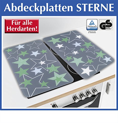 Wenko 2521484500 Herdabdeckplatte Universal Sterne für alle Herdarten, Gehärtetes Glas, 2-er Set, grün, 52 x 30 x 5,5 cm