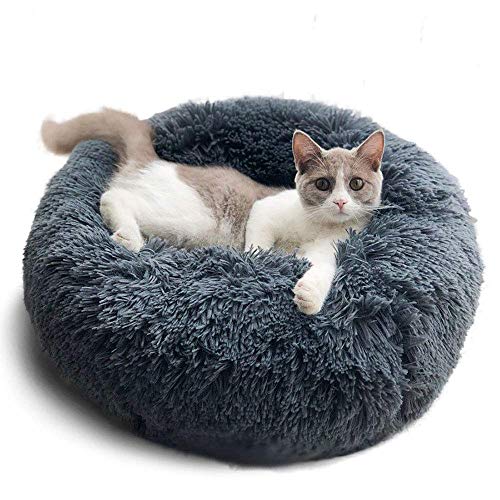 Segle Lit de Animaux Domestique Chien Beignet de Fourrure de Chat la Profondeur de pour Chats et Petits Chiens de Taille Moyenne Panier avec Coussin Moelleux Ronde Chats Maison-L-Gris
