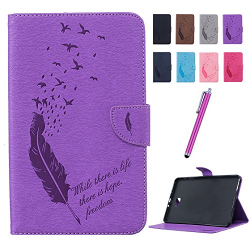 Romtronic Lederhülle Leder Tasche Case Cover für Samsung Galaxy Tab A 10.1 2016 (SM-T580 SM-T585) Hülle PU Schutz Etui Schale Feather Muster Design Backcover Flip Cover Wallet Case mit Standfunktion Karteneinschub und Magnetverschluß (violett)