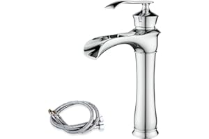 Maynosi Waterfall Bathroom Basin Mixer Tap, High Rise Mixer Taps for Countertop Basin, Tall Retro Sink Faucet with Wide Spout, Single Lever Durable Brass tap with Flexible Hoses (Chrome)
