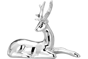 H.BAUER JUN. Kleine liegende Porzellan Deko Rentier Figur - silbern glänzende Hirsch Weihnachts-Deko zum Hinstellen Höhe 16 cm