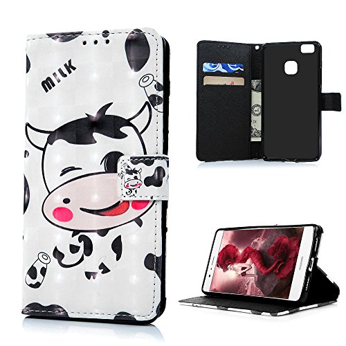 Huawei P9 Lite Hülle Badalink Schutzhülle Leder PU+TPU Handyhülle 3D Cartoon Kuh Handytasche Wallet Case Ständer Magnet-Schloss Cover Flipcase - 2