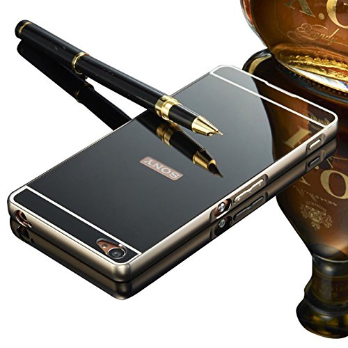 Vandot Premium Funda Aluminio para Sony Xperia M5 Bumper Case del Metal Ultra Thin Espejo Efecto  Fusion Mirror  Trasero Case Cover Protecci  n  Resistente a Ara  azos  y  Choque Absorcion  Carcasa caso - Negro