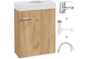 Deftrans Lavabo para invitados con armario inferior de 50 x 70 x 23 cm, lavabo de invitados pequeño set – Armario bajo lavabo roble Craft con sifón y grifo de lavabo