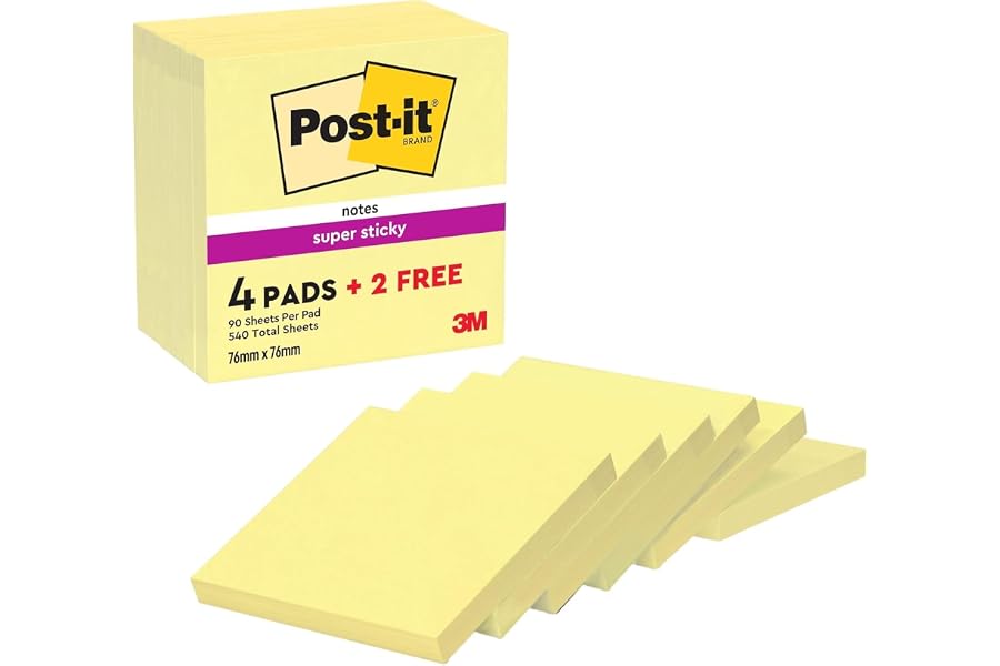 Post-it Super Sticky Notas, Canary Yellow, 76 mm x 76 mm, 90 hojas/bloc, 4 blocs/paquete + 2 GRATIS - Notas Extra Adhesivas p