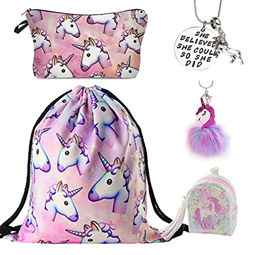 DRESHOW 5 Pack Unicorn Gifts for Girls Unicorn Drawstring Backpack/Make Up Bag/Necklace/Fluffy Llaveros/Brazalete de regalo para fiestas navideñas