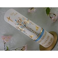 Taufkerze Lebensbaum gold türkis handmade Wachs Taufkerzen für Junge Mädchen 250/70 mm mit Name und Datum