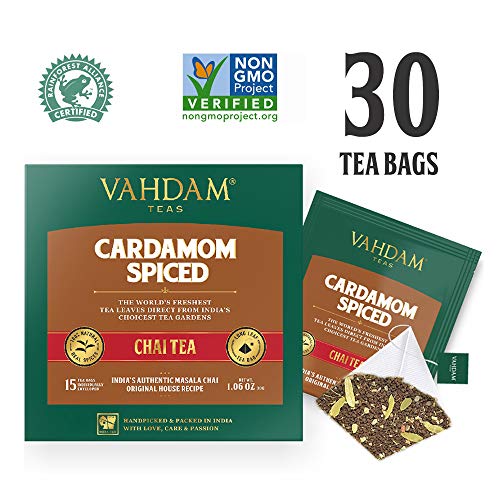 Cardamom Bolsitas de té chai - 30 Pyramid Tea Bags - 100% NATURAL SHREDDED CARDAMOM mezclado con BLACK TEA, la mezcla original de té indio de cardamomo, (2 cajas, 15 bolsas de té cada una) de India
