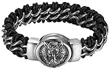 AMDXD Schmuck Herren Armband Edelstahl und Geflochten Leder Schwarz Silber Wolfkopf Bike Armband Länge 24CM