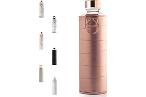 EQUA Duża butelka na napoje z etui ze sztucznej skóry, 750 ml, ze szkła borokrzemowego, nie zawiera BPA i szczelna, różowe złoto, 1 unidad (paquete de 1)