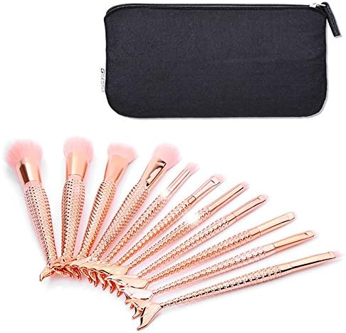 MYG Elite Mermaid Makeup Brushes Set 10pcs Fishtail Fish Scale Multi-purpose Make-up Kit Professinal Cosmetics Tool With Pouch (Gold) + 1Pc Makeup Silicone Puff