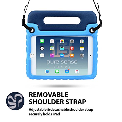 Apple iPad Air 1 Hülle für Kinder, PURE SENSE BUDDY robust antibakteriell keimfrei Schultergurt strapazierfähig Kinder widerstandsfähig stoßsicher Spielzeug Schutz tragbar Schutzhülle + Griff, Standfunktion, Displayschutz (Blau) - 4