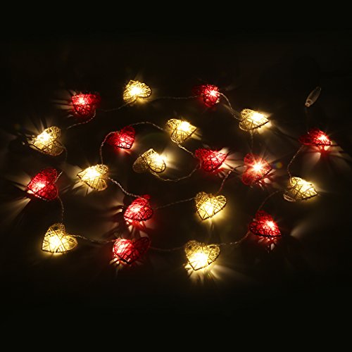 LED Herz Lichterkette 20er Partylichterkette Weihnachtslichterketten Deko für Innen Balkon Party Hochzeit Weihnachten batterie-betrieben Rattan Gewebe rot warmweiß 3.55m