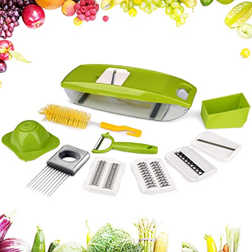 Gemüsehobel, AUKUYEE Mandoline Gemüsehobel Mandoline Slicer Nahrung Gemüsehobel Julienne Schneidegerät Gemüse Reibe Schneider Frucht Zerhacker Würfler 5 Edelstahl Klingen Container Schäler Schneidegerät Zwiebel Halter Reinigung Pinsel Multi-funktional Anpassbar - 2