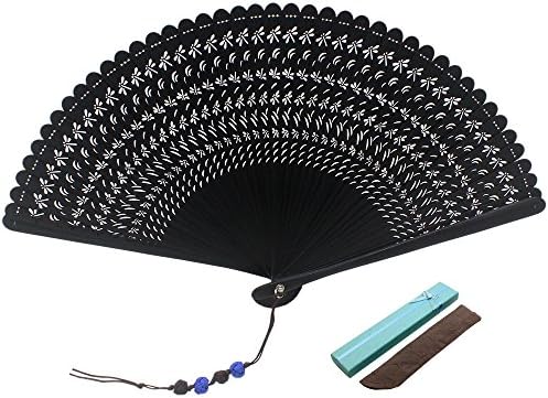 Abwin Black Handmade Traditional Lacquer Folding Fan with Dragonfly