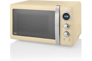 Swan Retro SM22030CNEU Micro-ondes Numérique 20L, 5 Niveaux de Puissance, Fonction Décongélation, Minuterie 60 Minutes, Porte à Effet Miroir, Plateau Tournant 27cm, Design Vintage, Crème, 800W