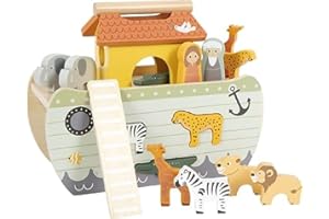 small foot Steckspiel Arche Noah „Safari“, Motorikspielzeug aus Holz mit 15 Tierfiguren, Taufgeschenke für Mädchen und Jungen, für Kinder ab 12 Monaten, 12456