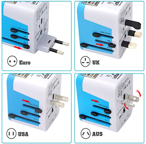 Universal Reiseadapter Reisestecker mit 4 USB-Ports – Leknin All in One Internationaler Reiseadapter für Weltweit Steckdosen US UK EU AU Alles dabei, Wechselspannung & Überspannungsschutz, 2 USB-Ports für schnelles Aufladen (Blau) - 4