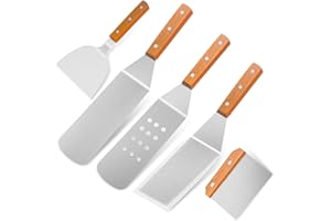 HOME SAFETY Set di Spatole e Raschietto per Teppanyaki e Barbecue, 5 Pezzi, Manico in Legno, Set Accessori Barbecue in Acciaio Inox, per Griglia Cucina da Campeggio, Barbecue all'aperto, Feste in Cortile