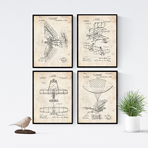 Nacnic Vintage - Lot de 4 Feuilles des Avions de Brevet. Définir des Affiches des Inventions des Anciens Brevets. Choisissez la Couleur Que Vous Aimez. Imprimé sur de Haute qualité de 250 grammes