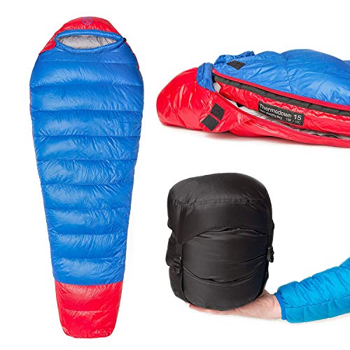 Paria Outdoor Products Saco de Dormir Tipo Momia Thermodown, a 15 Grados - Clima frío Ultraligero, Bolsa para 3 Estaciones Camping y Viajes de mochileros (Largo)