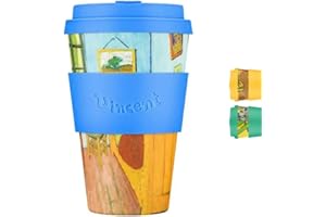 ECOFFEE CUP Kolekcja Van Gogh 400 ml, wielokrotnego użytku, ekologiczny, 100% na bazie roślin, kubek do kawy z silikonową pokrywką i rękawem - bez melaminy i biodegradowalny kubek podróżny do zmywarki/kuchenki mikrofalowej, sypialnia