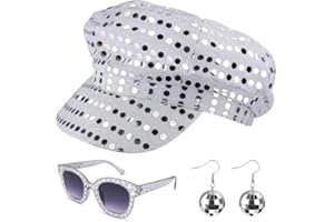SDXCJY 3Pcs 70s Sequin Hat Silver Disco Hat for Adult Abba Accessories Women with Sequined Square Bling Sunglasses Disco Costume Set for Women Theme Party Birthday Dance