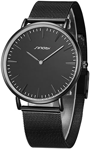 SINOBI Men's Black Quartz Wrist Watch Ultra Thin Case with Minimalist Analog Display Leather & Milanese Band