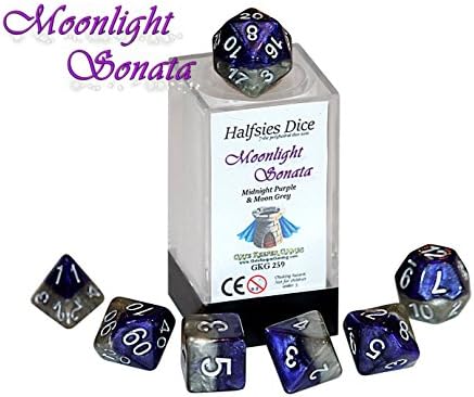"Moonlight Sonata" Halfsies Dice - 7 die polyhedral rpg gaming dice set - Midnight Purple &amp; Moon Grey