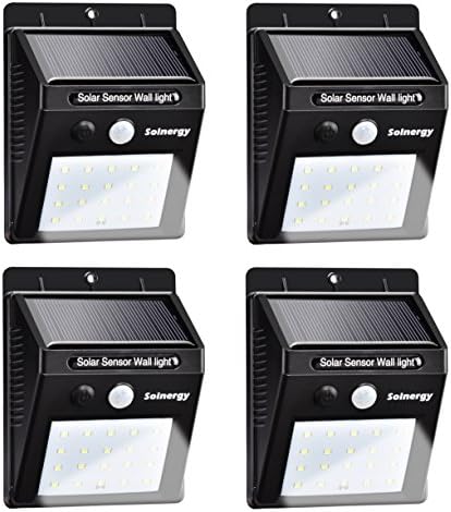 [Solnergy] 20 LED Bright Solar Sensor Light Dim Outdoor Motion Lighting Big Power Button Security Motion Sensor Lamp Light Auto On/Off for Patio Yard Garden Driveway Stairs Pool Area (4 in pack)