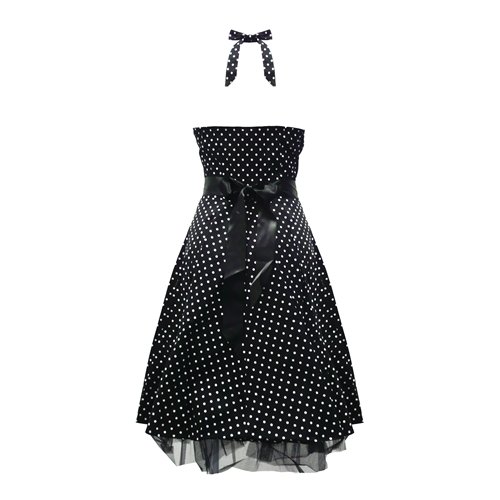 50's Small Polka Dot Swing Prom Dress Black - Size 14 (L)