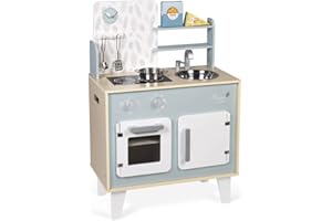 Janod - Cocina de madera para niños "Plume" - Con horno, fregadero de acero inoxidable, armario, pomos y reloj - Cocina con 5 accesorios - De 3 a 8 años, J06608