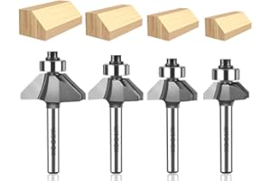 WSOOX 45 Degree Chamfer Router Bit set with 1/4 Inch Shank 4PCS C3 Carbide Bevel Edging Router Bits Cutting Diameter: 1/4",5/16",3/8",1/2".