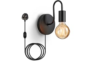 Lightess Plug in Wall Light Dimmable, Retro Wall Light with Switch, Black Industrial Stepless Dimming Wall Lamp, E27 Metal Wall Sconce Indoor for Bedroom Beside Living Room