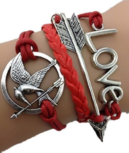 Red Bracelet with Hunger Games Mockingjay Bird Arrow and love Silver Colour