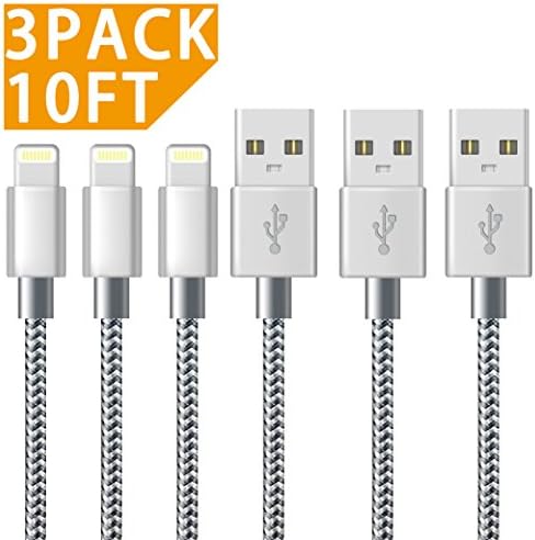 iPhone Charger Cable Lightning Cable Marktol (10FT-3Pack,Grey) Fast Sync Charger USB Cable Nylon Braided Cord for iPhone 8/X 7/7 Plus/6/6s/6 Plus/6s Plus,5c/5s/5/SE,iPad Pro/Air/mini,iPod and more