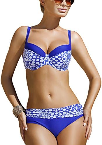 Ewlon Magda I underwired padded bikini set polka dot pattern adjustable straps - made in EU, Size 38E/16, blue-white