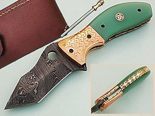 HANDMADE 18CM AWESOME FOLDING POCKET KNIFE MADE WITH REAL DAMASCUS STEEL WITH G10 MATERIAL HANDLE AND ENGRAVED BOLSTERS:(BDM-82) (LEGAL TO CARRY)