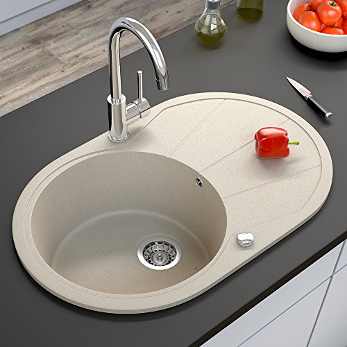 Spüle Granitspüle Küchenspüle Einbauspüle Auflage 780 x 500 mm große Ablage Spülbecken + Drehexcenter + Siphon (Beige (111)) - 4