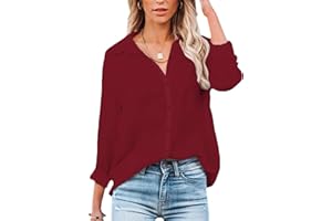 NONSAR - Blusa para mujer de manga larga y cuello de pico, con botones, elegante, informal, para el trabajo
