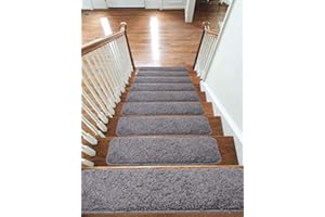 emmahome Soft Shaggy Carpet Stair Treads/Mats/Rugs NON-SLIP MACHINE WASHABLE, 30mm Thickness, 20x55cm (13pc in Box, Grey)