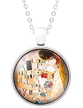 Klimisy - Der Kuss von Gustav Klimt - Halskette mit Bild-Anhänger - elegante Kette mit rundem Glas-Medaillon -...