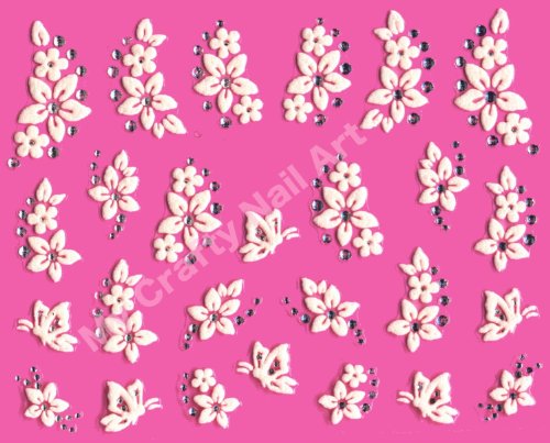 Nailart Sticker Blume Weiß selbstklebend mit silbernem Strass - 2