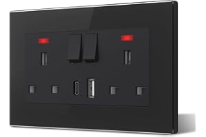 BSEED Double Plug Socket with USB C and USB A,Glass Switched Socket,UK Standard Electric Power Sockets,13A Wall Socket,Save Space,2 Gang,146mm Black